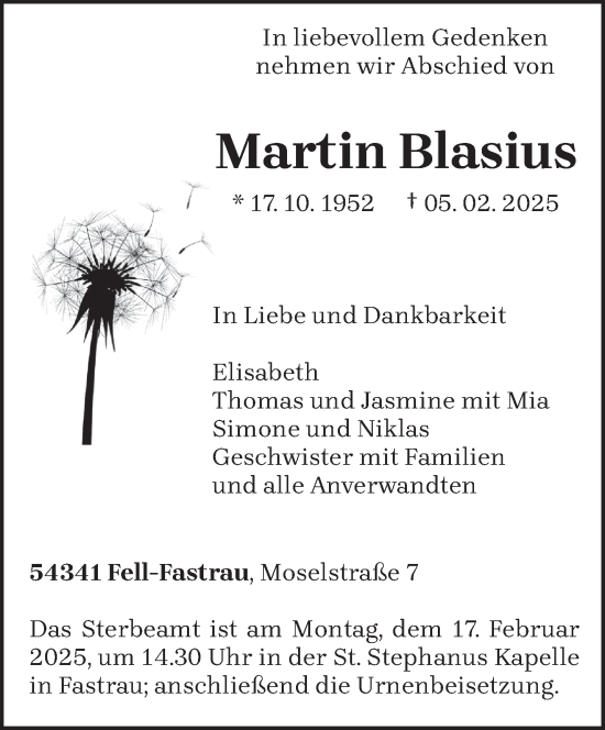 Traueranzeige von Martin Blasius von trierischer_volksfreund