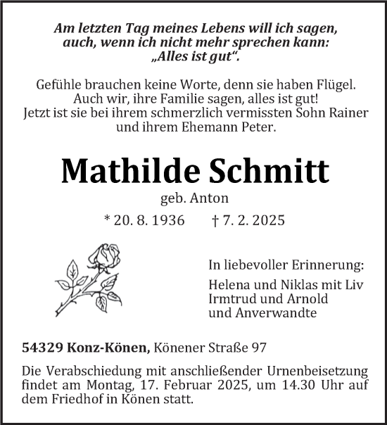 Traueranzeige von Mathilde Schmitt von trierischer_volksfreund