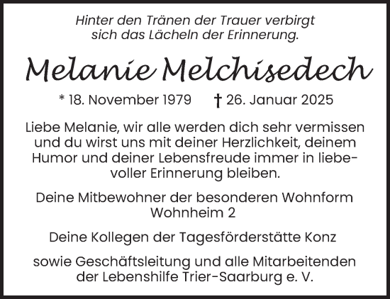 Traueranzeige von Melanie Melchisedech von trierischer_volksfreund
