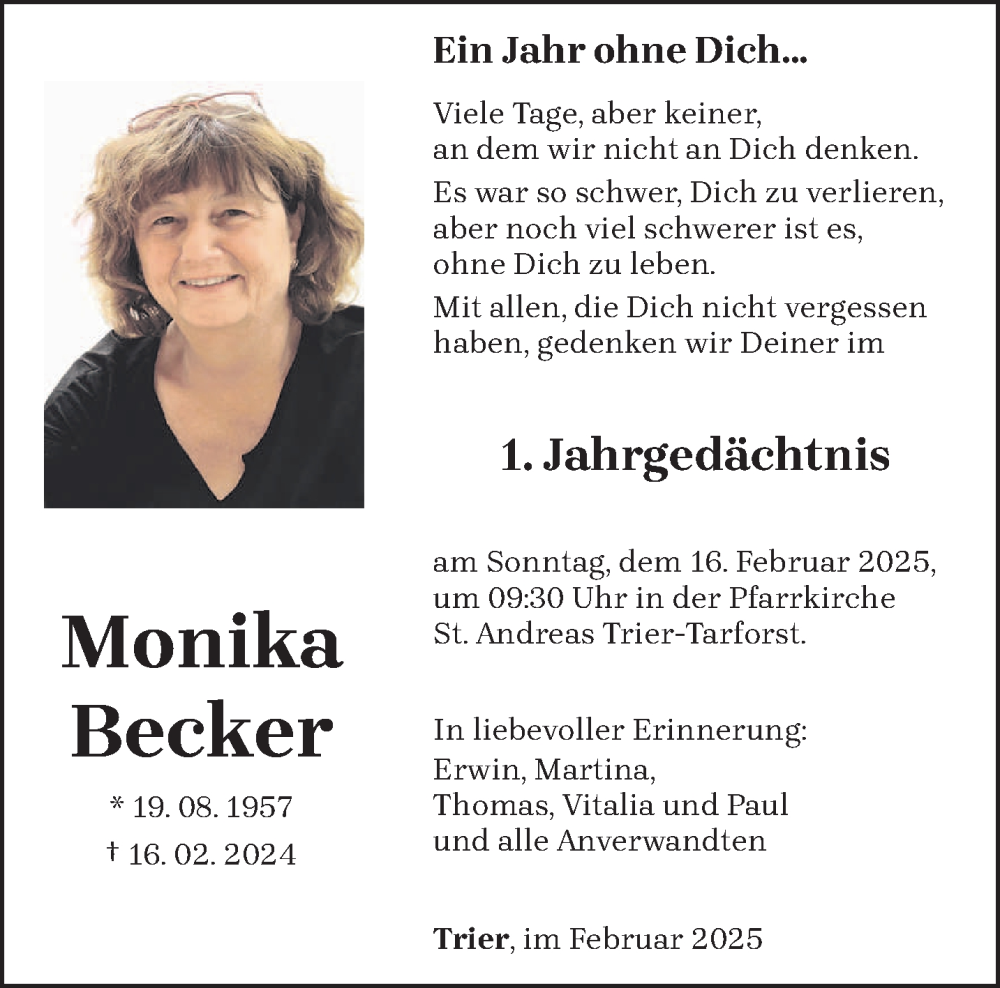  Traueranzeige für Monika Becker vom 08.02.2025 aus trierischer_volksfreund