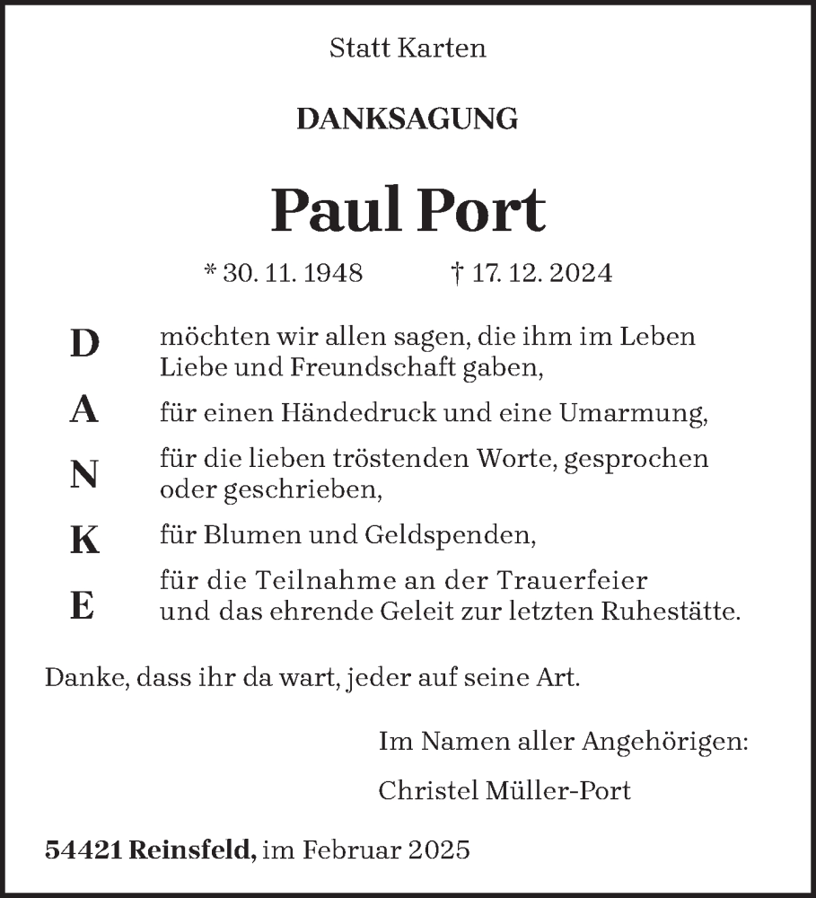  Traueranzeige für Paul Port vom 01.02.2025 aus trierischer_volksfreund