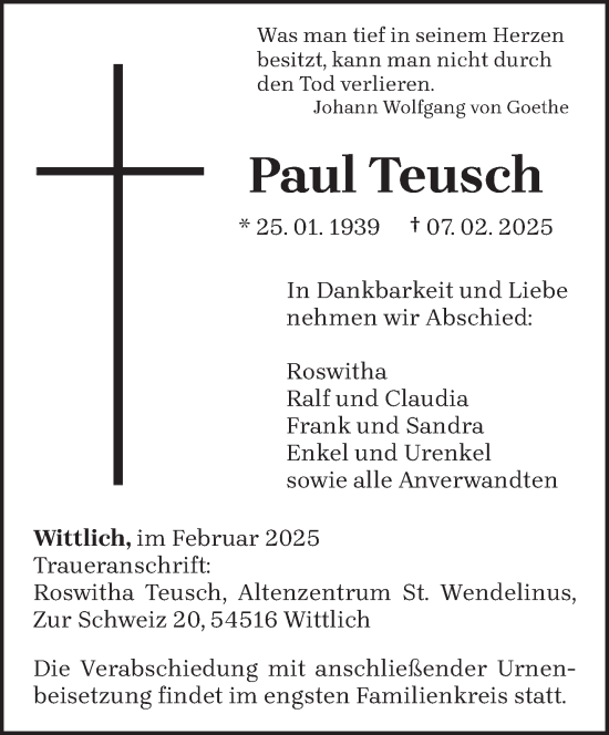Traueranzeige von Paul Teusch von trierischer_volksfreund