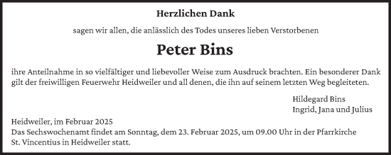 Traueranzeige von Peter Bins von trierischer_volksfreund