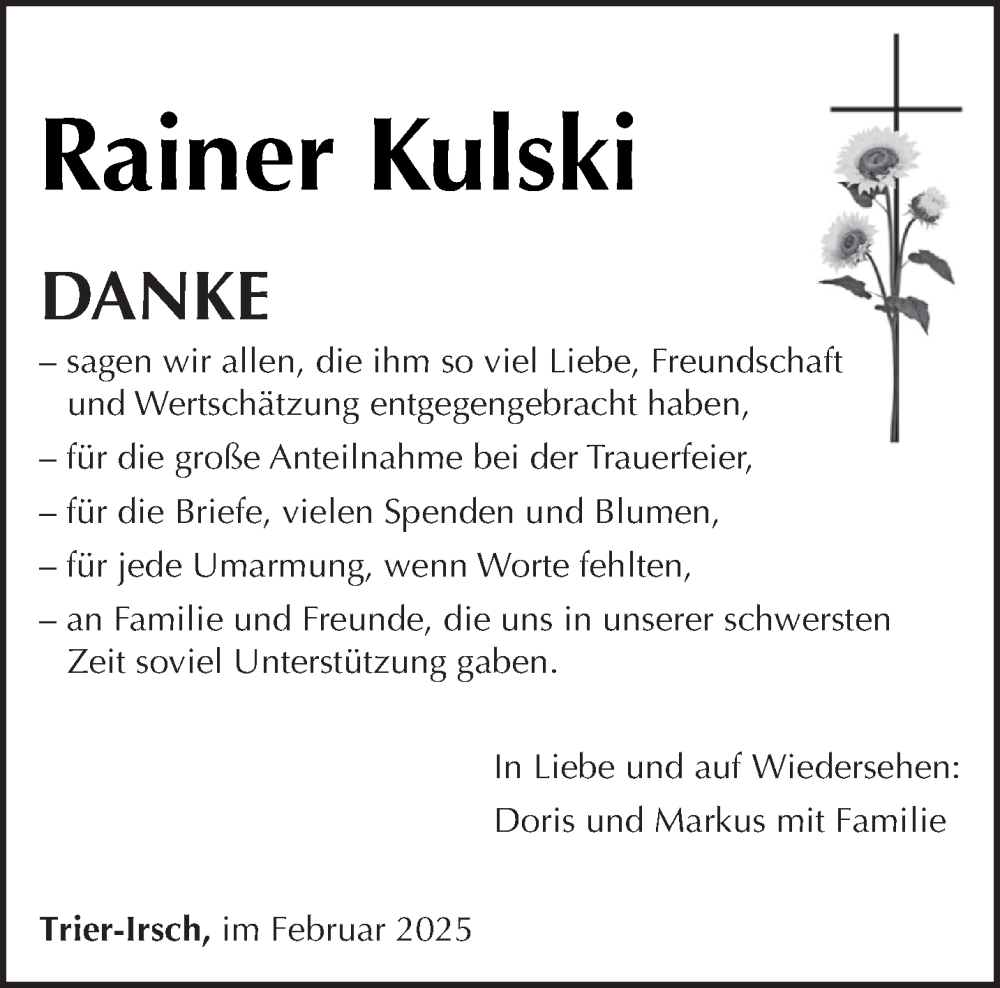  Traueranzeige für Rainer Kulski vom 08.02.2025 aus trierischer_volksfreund