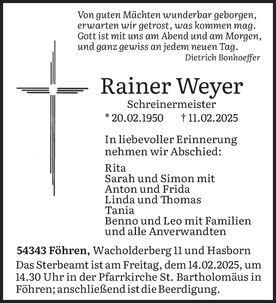  Traueranzeige für Rainer Weyer vom 13.02.2025 aus trierischer_volksfreund