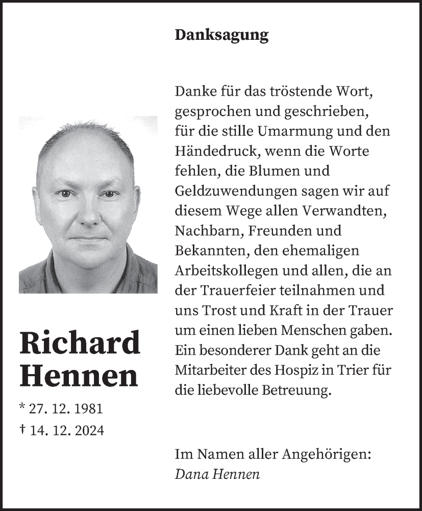  Traueranzeige für Richard Hennen vom 01.02.2025 aus trierischer_volksfreund