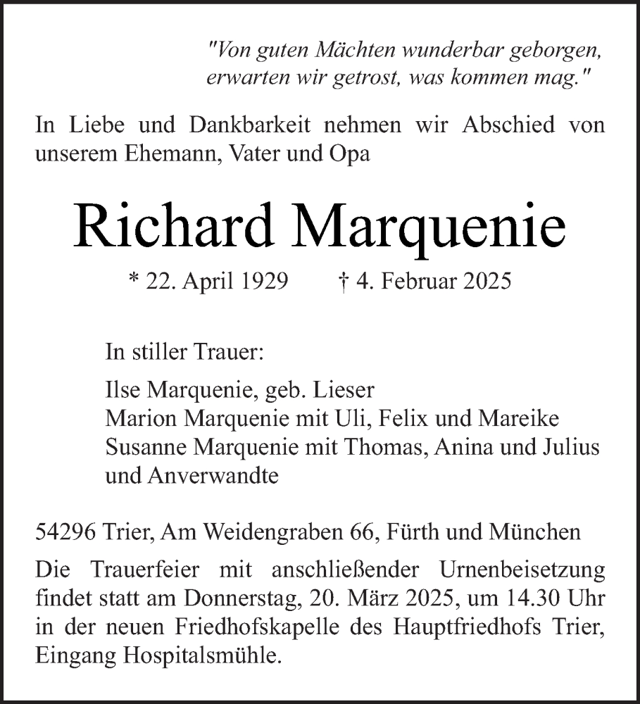  Traueranzeige für Richard Marquenie vom 22.02.2025 aus trierischer_volksfreund