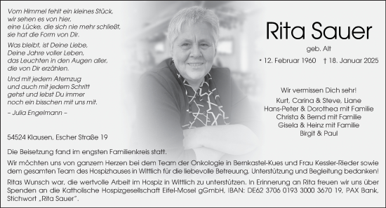 Traueranzeige von Rita Sauer von trierischer_volksfreund