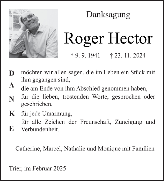 Traueranzeige von Roger Hector von trierischer_volksfreund