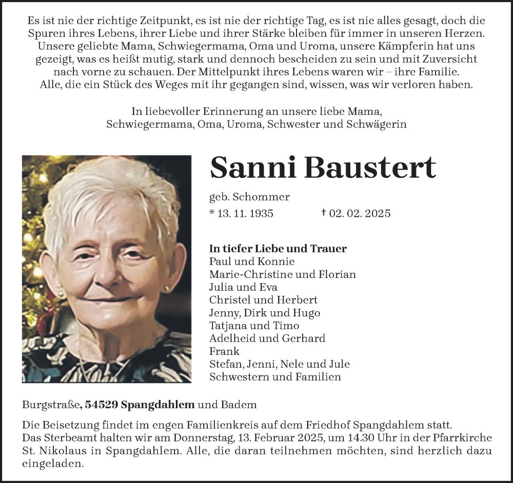  Traueranzeige für Sanni Baustert vom 08.02.2025 aus trierischer_volksfreund