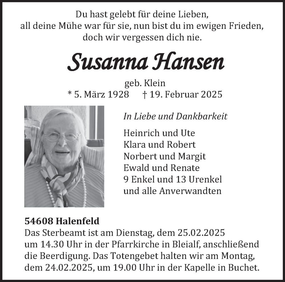  Traueranzeige für Susanna Hansen vom 21.02.2025 aus trierischer_volksfreund