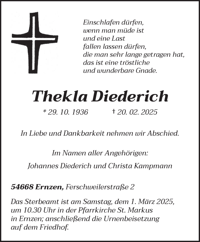  Traueranzeige für Thekla Diederich vom 26.02.2025 aus trierischer_volksfreund