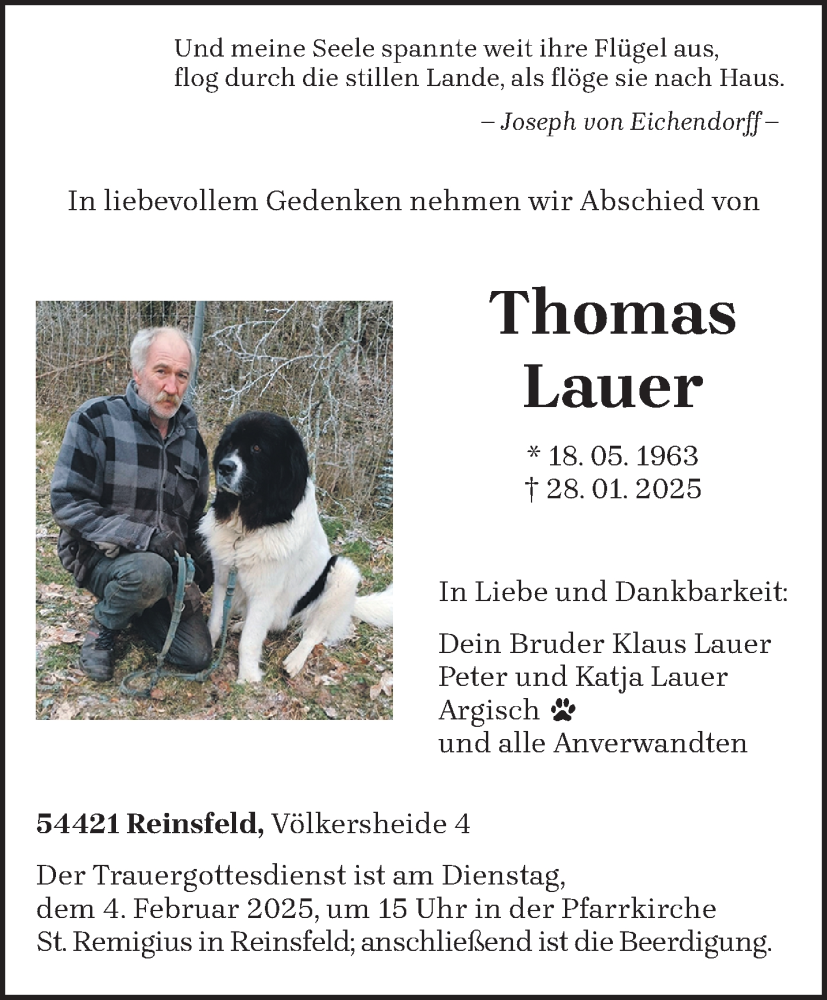  Traueranzeige für Thomas Lauer vom 01.02.2025 aus trierischer_volksfreund