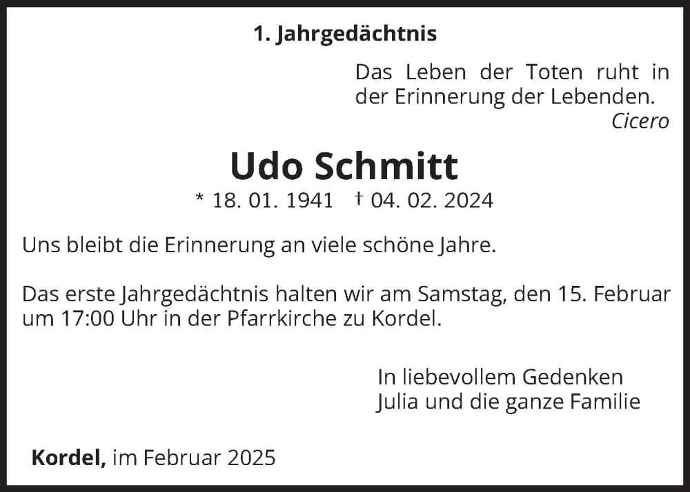  Traueranzeige für Udo Schmitt vom 08.02.2025 aus trierischer_volksfreund