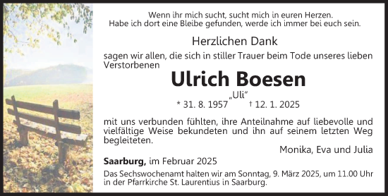 Traueranzeige von Ulrich Boesen von trierischer_volksfreund