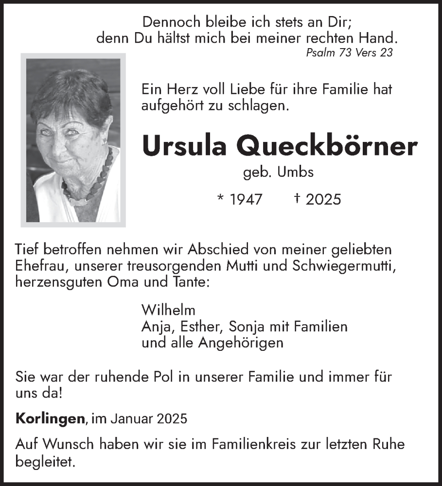  Traueranzeige für Ursula Queckbörner vom 08.02.2025 aus trierischer_volksfreund