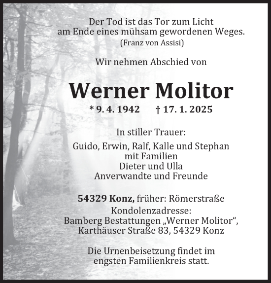 Traueranzeige von Werner Molitor von trierischer_volksfreund