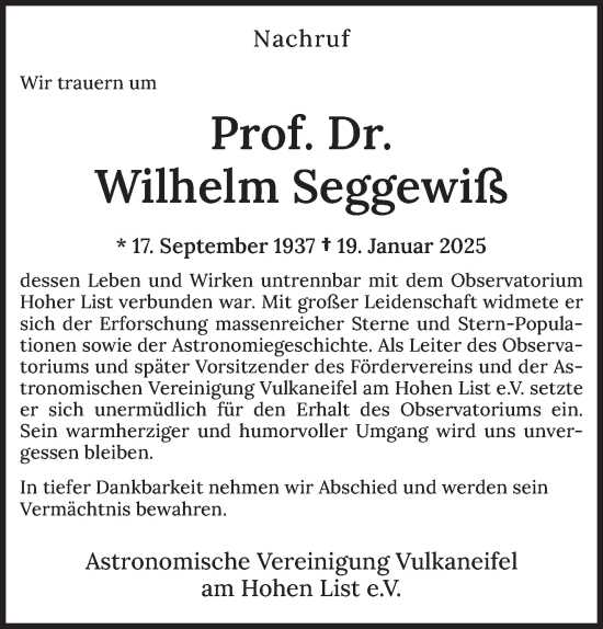 Traueranzeige von Wilhelm Seggewiß von trierischer_volksfreund