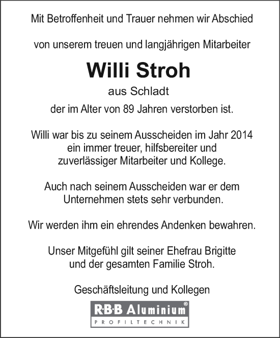 Traueranzeige von Willi Stroh von trierischer_volksfreund