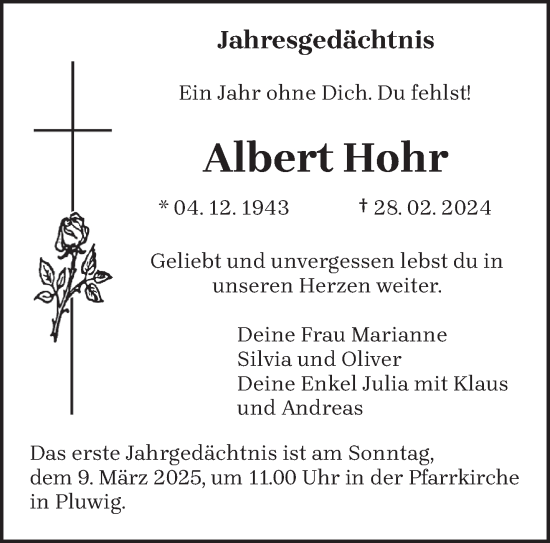 Traueranzeige von Albert Hohr von trierischer_volksfreund