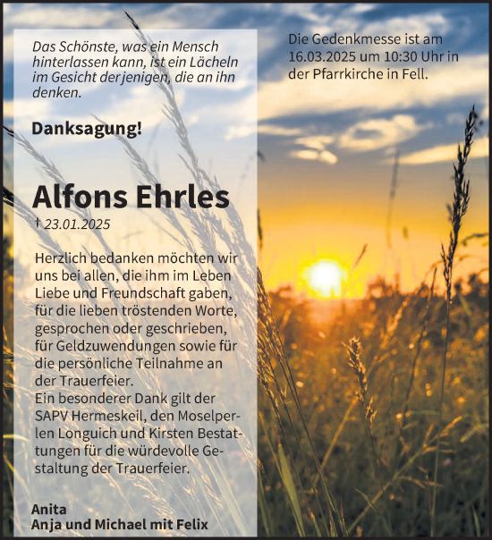 Traueranzeige von Alfons Ehrles von trierischer_volksfreund