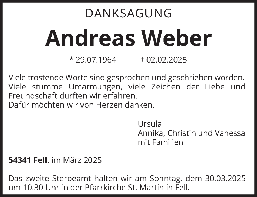  Traueranzeige für Andreas Weber vom 26.03.2025 aus trierischer_volksfreund