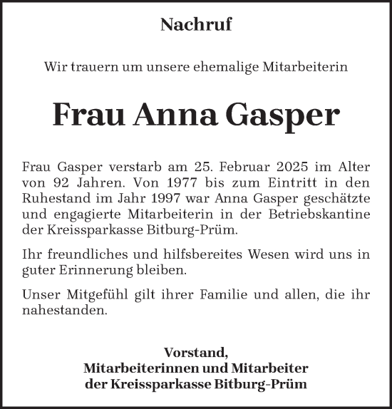 Traueranzeige von Anna Gasper von trierischer_volksfreund