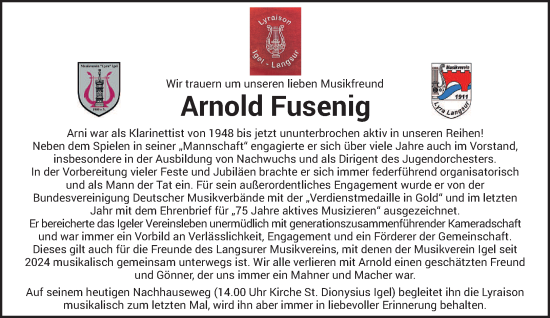 Traueranzeige von Arnold Fusenig von trierischer_volksfreund