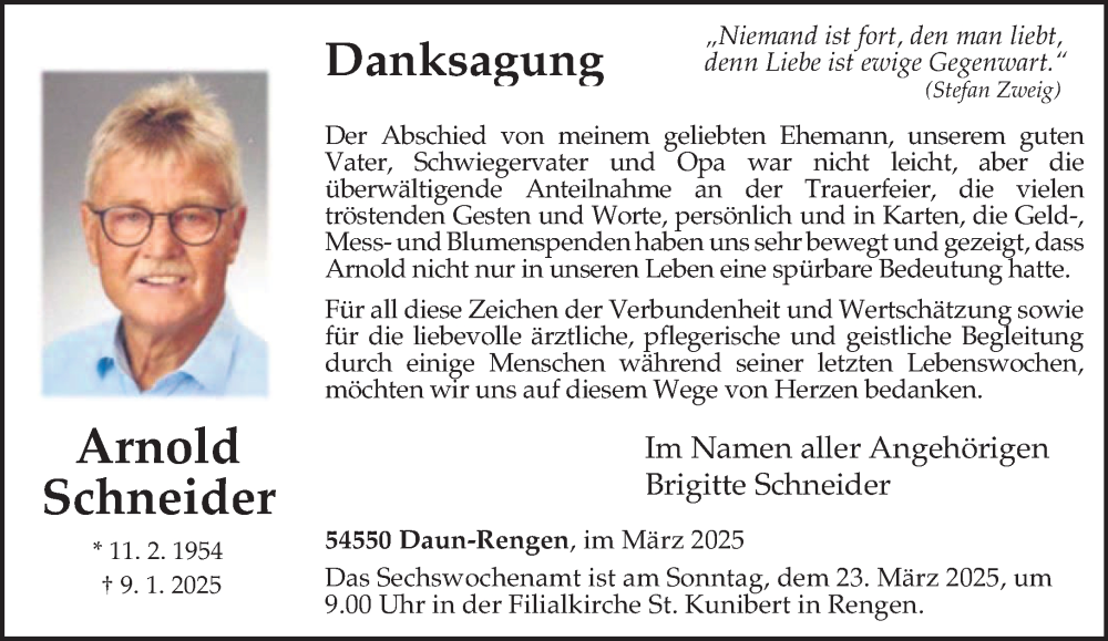  Traueranzeige für Arnold Schneider vom 08.03.2025 aus trierischer_volksfreund