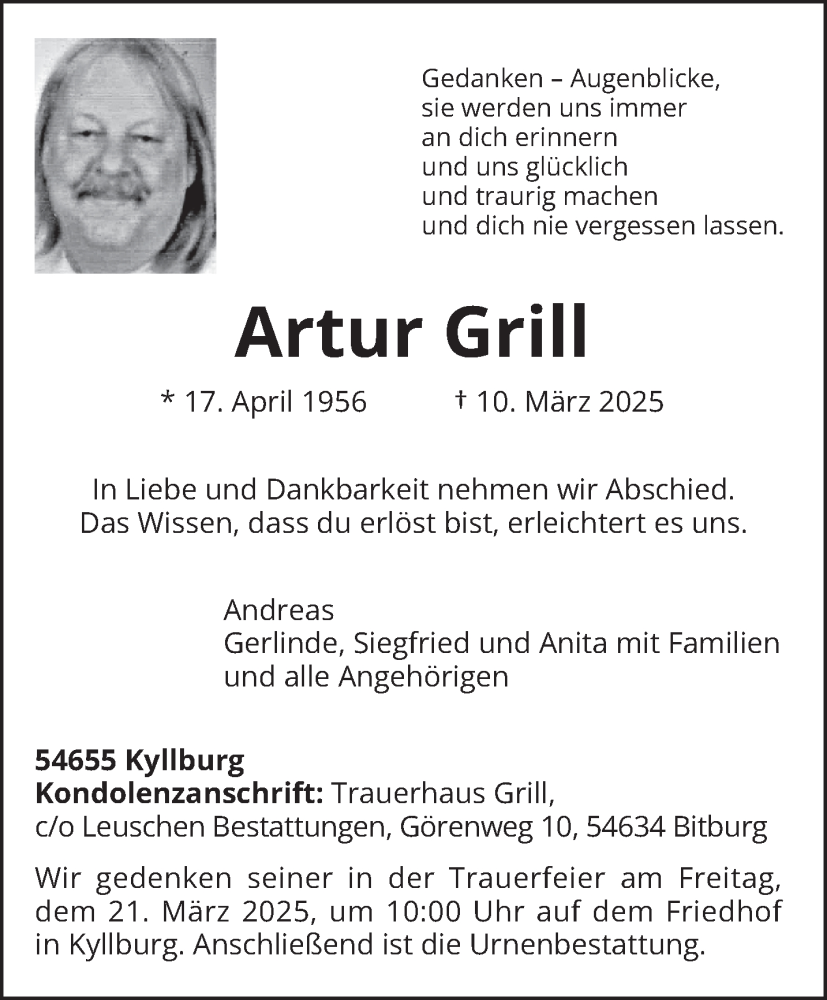  Traueranzeige für Artur Grill vom 15.03.2025 aus trierischer_volksfreund