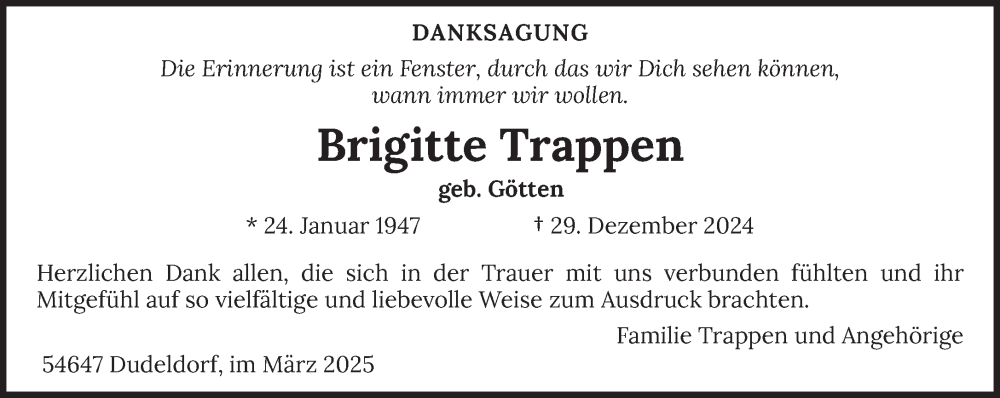  Traueranzeige für Brigitte Trappen vom 22.03.2025 aus trierischer_volksfreund