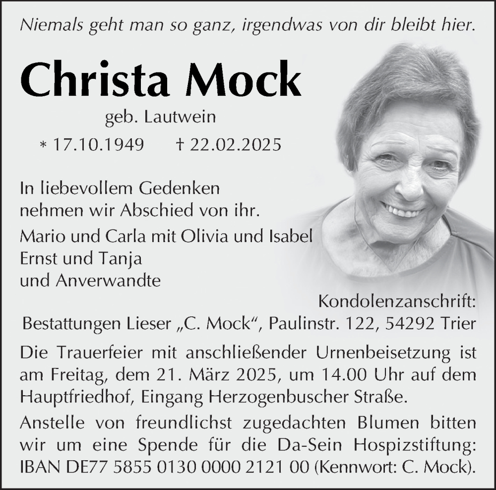  Traueranzeige für Christa Mock vom 15.03.2025 aus trierischer_volksfreund