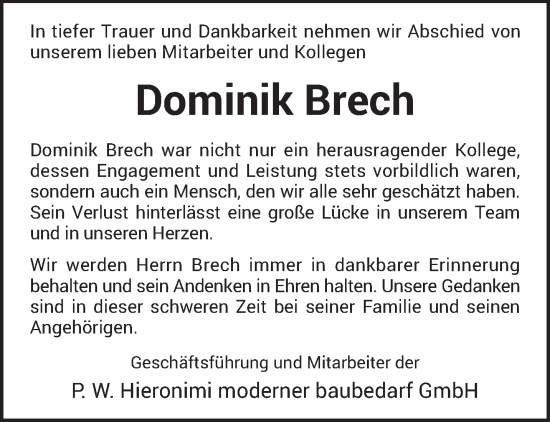 Traueranzeige von Dominik Brech von trierischer_volksfreund