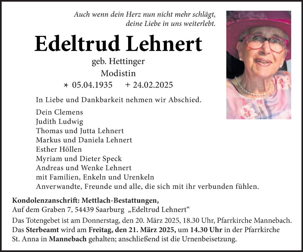  Traueranzeige für Edeltrud Lehnert vom 15.03.2025 aus trierischer_volksfreund