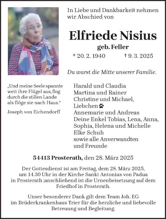 Traueranzeige von Elfriede Nisius von trierischer_volksfreund