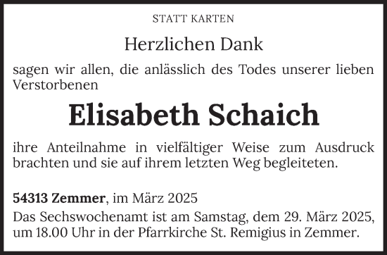 Traueranzeige von Elisabeth Schaich von trierischer_volksfreund
