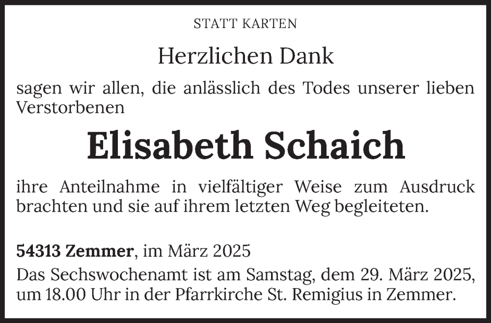  Traueranzeige für Elisabeth Schaich vom 11.03.2025 aus trierischer_volksfreund
