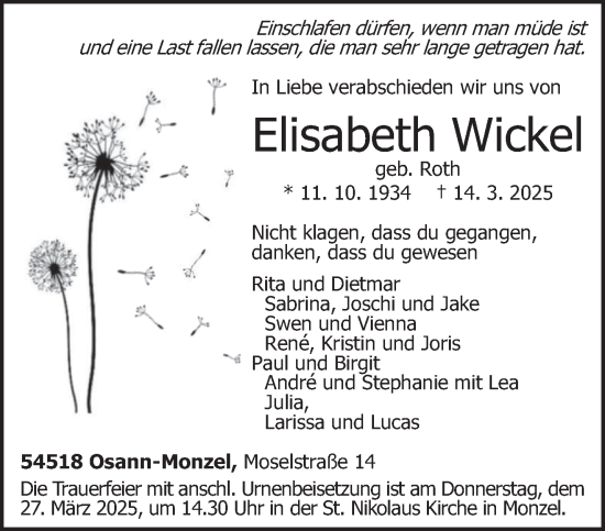 Traueranzeige von Elisabeth Wickel von trierischer_volksfreund