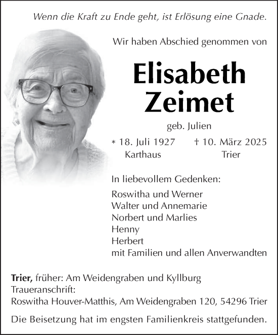 Traueranzeige von Elisabeth Zeimet von trierischer_volksfreund