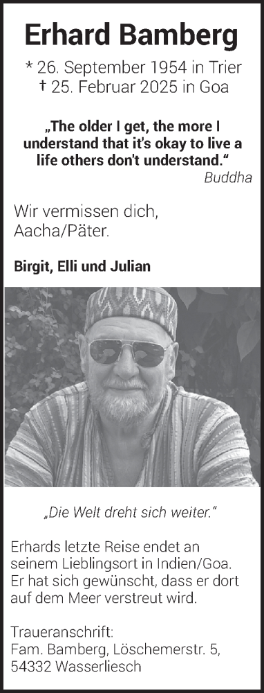 Traueranzeige von Erhard Bamberg von trierischer_volksfreund