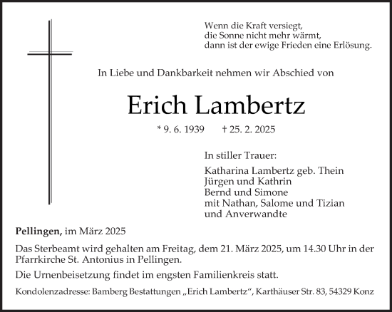 Traueranzeige von Erich Lambertz von trierischer_volksfreund