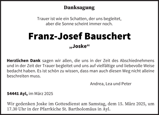Traueranzeige von Franz-Josef Bauschert von trierischer_volksfreund
