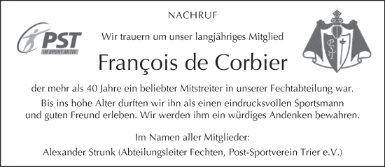 Traueranzeige von François Comte de Corbier von trierischer_volksfreund