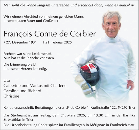 Traueranzeige von François Comte de Corbier von trierischer_volksfreund
