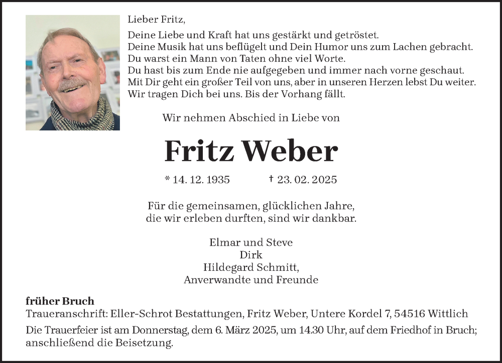  Traueranzeige für Fritz Weber vom 01.03.2025 aus trierischer_volksfreund