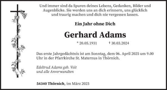 Traueranzeige von Gerhard Adams von trierischer_volksfreund