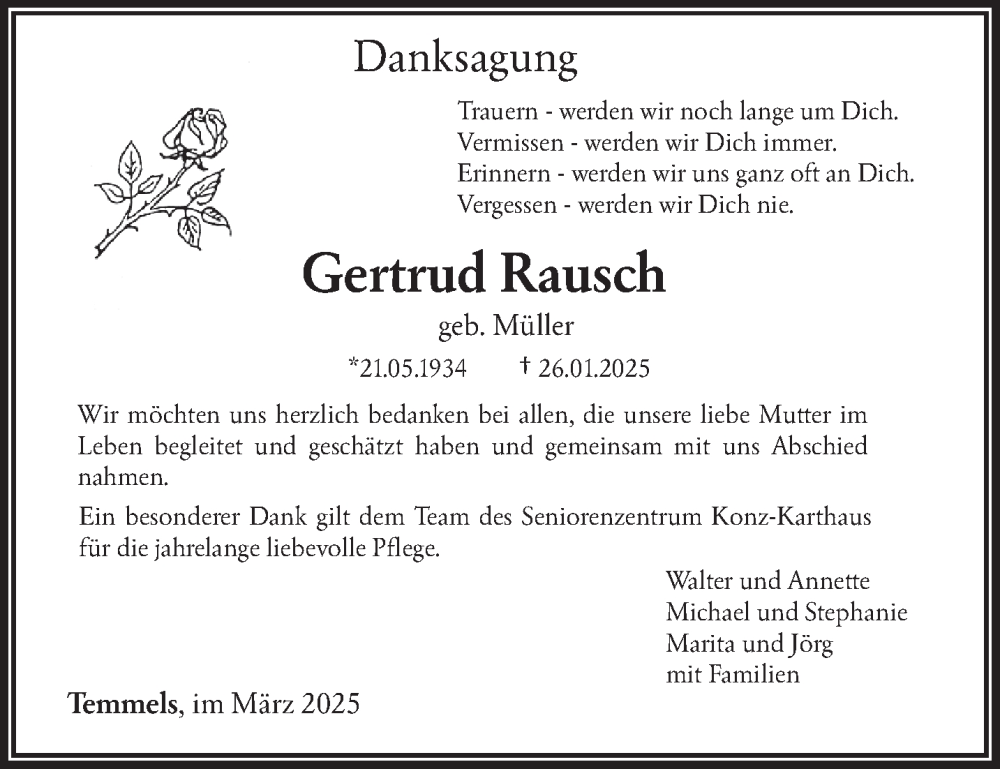  Traueranzeige für Gertrud Rausch vom 15.03.2025 aus trierischer_volksfreund