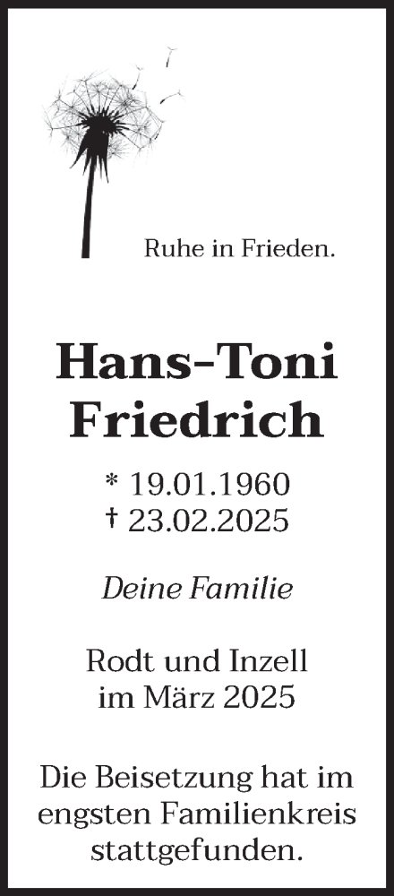 Traueranzeige von Hans-Toni Friedrich von trierischer_volksfreund