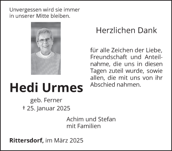 Traueranzeige von Hedi Urmes von trierischer_volksfreund