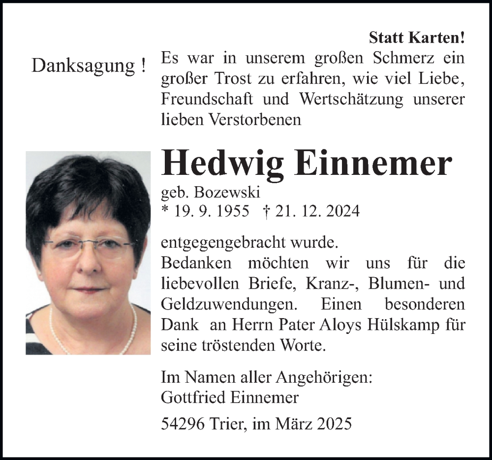  Traueranzeige für Hedwig Einnemer vom 01.03.2025 aus trierischer_volksfreund